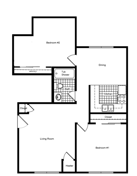Floor plan for 2 beds, 1 bath, 950 sqft